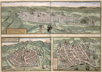 Plany miasta Rouen, Nimes i Bordeaux, z „Civitates Orbis Terrarum” Georga Brauna (1541-1622) i Fransa Hogenberga (1535-90), ok. 1572