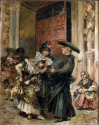„Wyjście z mszy”: dwie kobiety badające brzuch uzdrowiciela przy wyjściu z kościoła. Obraz Jose Denis Belgrano (1844-1917), 2. poł. XIX wieku. Olej na płótnie.