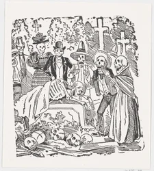 Szkielet przykryty prześcieradłem płaczący na cmentarzu, z burty zatytułowanej „…, ca. 1880-1910.