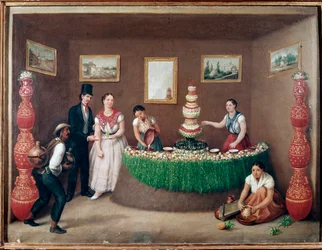 Chufa Horchata Sellers (Orxata de Xufa lub Orxata De Xufla) Obraz Augustina Arriete (XIX w.) Miasto Meksyk, Historyczne Muzeum Narodowe, Zamek