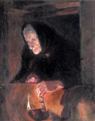 Starsza pani ma lampę naftową. Obraz Jose BENLLIURE ORTIZ (1884-1916) Olej na płótnie. Walencja. Muzeum Sztuk Pięknych San Pio V.