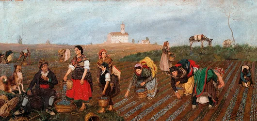 Szczegóły „„ Zbieranie szafranu”. Obraz Jose Albinana Bru (XIX wiek). 1877. Walencja. Muzeum Sztuk Pięknych San Pio V.