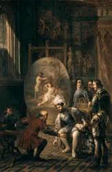 ""cesarz Karol V (1500-1558) podnoszący pędzel malarza Tiziano Vecellio powiedział Tycjan (1485-1576), malarz na dworze cesarza"" Obraz Jose Felipe Parra (1824-1864) XIX wiek Walencja , Museo de Bellas Artes San Pio V