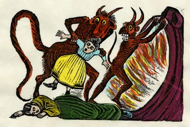 José Guadalupe Posada (1852 - 1913). Josephina Lora wciągnięta do piekła przez diabła. Akwarela ksylograficzna, miasto Meksyk
