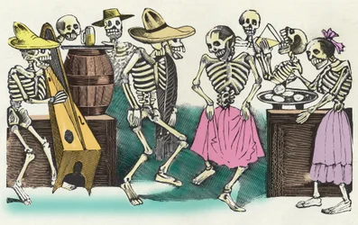 Żywe trupy: "" Gran Fandango y Francachela de todas las Calaveras "", ksylografia José Guadalupe Posada (1852 - 1913) ilustrująca uroczystości Dnia Zmarłych (1 listopada). Meksyk.