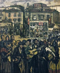 GUTIERREZ SOLANA, Jose (1886-1945). El cartel del crimen (El musico ciego) - kartel przestępczy (ślepy muzyk). ok. 1920. (78 x 64 cm). Olej na płótnie. Kolekcja prywatna