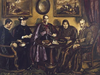 GUTIERREZ SOLANA, Jose (1886-1945). Wizyta biskupa. 1926. (161 x 211 cm). Olej na płótnie. HISZPANIA. MADRYT (WSPÓLNOTA AUTONOMICZNA). Madryt. Muzeum Narodowe Centrum Sztuki Reina Sofia