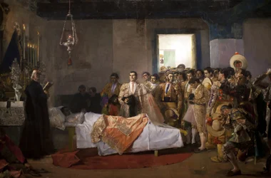 Śmierć mistrza. Obraz Jose Villegas Cordero (1844-1921), olej na płótnie, ok. 1913. Muzeum Sztuk Pięknych w Sewilli, Hiszpania.