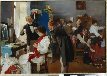""Dans la loge"" (W garderobie) Artyści przygotowujący się do wystawy Obraz Josefa Douby (1866-1928) Koniec XIX wieku Olej na płótnie - kolekcja prywatna