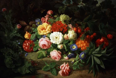 Martwa natura z letnich kwiatów (róże, pierwiosnki) i owoców (ananasy, wiśnie). Obraz autorstwa Josefa Lauera (1818-1881) Kolekcja prywatna.