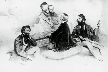Poranek w domu Liszta, od lewej do prawej, Kriehuber, kompozytor Hector Berlioz (1803-1869), Carl Czerny (1791-1857) Nauczyciel Liszta, Franz Liszt (1811-1866) i skrzypek Heinrich Wilhelm Ernst (1840-1865), Litografia autorstwa Josefa Kriehubera (1800-1876