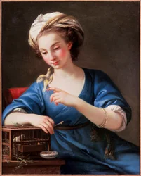 Młoda kobieta w tureckim stroju bawi się ptakiem z klatki. Ma na sobie turban i bransoletkę z pereł. Obraz autorstwa Josepha Marie Viena (Joseph Marie Vien