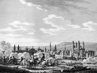 Rewolucja Francuska i pruski ruch antyrewolucyjny: zdobycie miasta Speyer (niemiecki Speyer) w październiku 1792, Niemcy. Grawerowanie Berthauta wg Swebacha. Paryż, Biblioteka Instytutu Historii Rewolucji