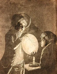 Dwóch chłopców dmuchających pęcherz przy świecach, akwatinta przez Petera Pereza Burdetta (1735-93) (akwatinta)