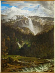 Wodospad Schmadribach w dolinie Lauterbrunn, Berner Oberland, Szwajcaria ... (olej na płótnie)