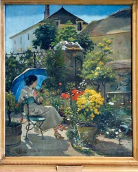 W ogrodzie Młoda kobieta z parasolką i otoczona kwiatami. Obraz Josepha Baila (1862-1921) XX wiek. Lyon, Muzeum Sztuk Pięknych