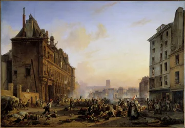 Les Trois Glorieuses (27, 28 i 29 lipca): „”Atak na paryski ratusz 28.07.1830”” Obraz Josepha Beaume (1796-1885) 1831 nd. 1,45x2,1 m²