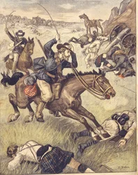 Komandos burski atakujący patrol brytyjski podczas wojen anglo-zuluskich i anglo-burskich 1850-1902, ilustracja
