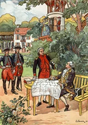 Francuski król Ludwik XVI i nawigator Jean Francois de Galaup, hrabia de Laperouse (1741-1788) w 1785, ilustracja JL Beuzon 1933