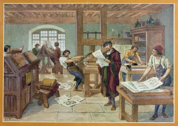 Wynalezienie przez Gutenberga druku z ruchomą czcionką, ilustracja z „Pierwszej księgi historii Francji” A. Aymarda, wydanej przez Hachette