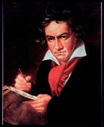 Portret niemieckiego kompozytora Ludwiga van Beethovena piszącego Missa solemnis. (obraz