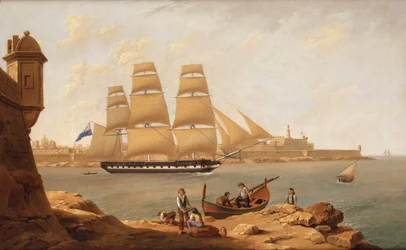 Fregata mijająca Fort St Elmo podczas wypływania z Grand Harbour, Valetta, Malta (olej na płótnie)