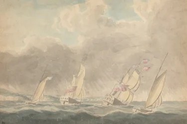 Duas Chalupas de Guerra, Uma Barca e Uma Escuna (?), Proa de Proa, em Mar Agitado; Várias embarcações à vela em Backgroundpolish