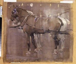 Cab Horses marki Gaslight (akwarela i farba na płótnie)