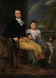 Portret wybitnego dżentelmena z córką i psem myśliwskim (olej na płótnie)