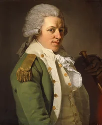 Portret artysty, do połowy długości, w zielonej marynarce i trzymającej laskę,