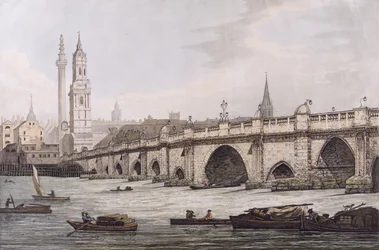 Widok na most Londyński, w tym kościół św. Maga i pomnik, wyryte przez J.C. Stadlera
