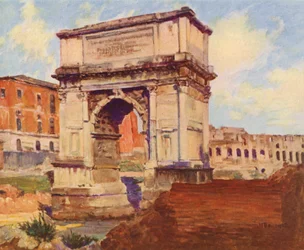 Rzym: Forum, Łuk Tytusa, Koloseum (kolorowa litografia)