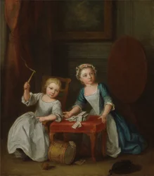 Dwoje dzieci z rodziny Nollekens, prawdopodobnie Jacobus i Maria Sophia, bawiące się blatem i karty do gry, 1745