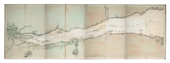 Mapa rzeki Świętego Wawrzyńca, wybrzeże Atlantyku w Ameryce Północnej, ok. 1781 r. (kolorowa rycina)