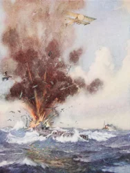 Dowódca eskadry A.W. Bigsworth atakuje bombami niemiecki okręt podwodny, który napełnia się wodą i tonie u wybrzeży Ostendy.