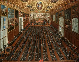 Wnętrze Sala Maggior Consiglio, Pałac Dożów, Wenecja, patrycjusze głosujący nad biuletynem dotyczącym wyboru nowych sędziów.