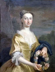 Portret damy trzymającej wieniec kwiatowy