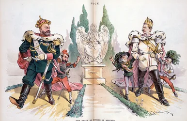 Aleksander III, oznaczony jako "Rosja", patrzący na Wilhelma II, oznaczonego jako "Niemcy".