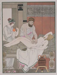 Badanie pacjenta, ilustracja z „Dzieła wszystkich Hipokratesa”, 1932