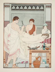 Badanie ginekologiczne, ilustracja z „Dzieł Hipokratesa”, 1934
