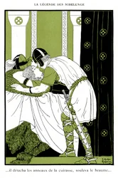 Legenda o Nibelungach: Zygfryd obejmuje Walkyrie Brunnhilde (chromolitografia)