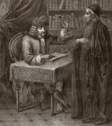 - Wolter i mnich - VOLTIER, Francois-Marie Arouet - z duchownymi. Wolter i ksiądz (religia) - Grawerowanie autorstwa Josepha Lante - 1764