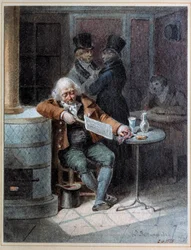 Reading of the Gazette””: staruszek spał w kawiarni czytając gazetę „The Gazette”” w 1824 r. Litografia Josepha Louisa Hippolyte Bellange (1800-1866) 1824 Paryż, Musee Carnavalet