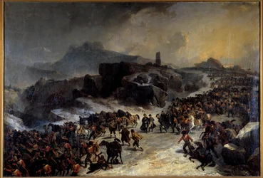 Przejście przez Sierra Guadarama (Guadarrama) w Hiszpanii w grudniu 1808 r. Obraz Joseph Louis Hippolyte Bellange (1800-1866) XIX-wieczny Paryż, Muzeum Wojska
