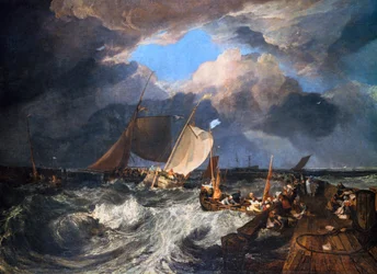 Molo w Calais z francuskimi handlarkami ryb przygotowującymi się do wypłynięcia w morze: przybycie angielskiego statku pocztowego, 1803