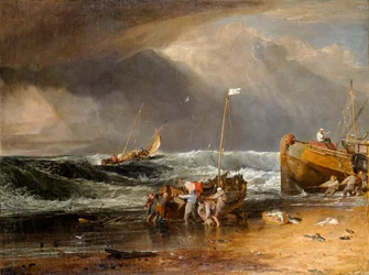 Cena costeira de pescadores puxando um barco para a praia, ou The Iveagh Seapiece (óleo sobre tela) polonês