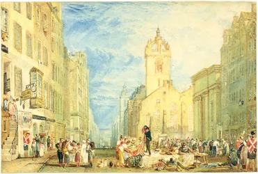 High Street, Edynburg, c.1818 (akwarela, długopis, tusz, grafit i drapanie na papierze tkanym)