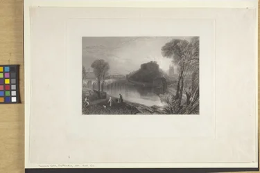 Zamek Tamworth, Staffordshire (akwaforta i rycina na papierze indyjskim, chine collé)