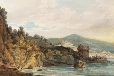 Wybrzeże pod Vietri, Salerno w oddali, zamek widziany nad Torre Crestarella