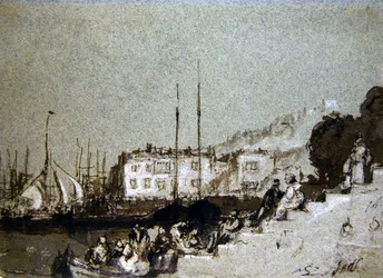 Widok na East Cowes, Isle of Wight (pióro i atrament oraz kolor ciała na niebieskim papierze)